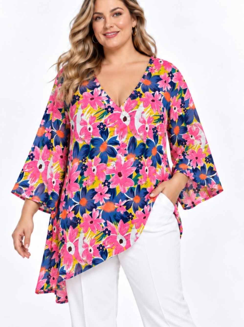 Lulu B Top Bright Colorful NoCotton Blend Tunic Neon Tropical Resort Beach